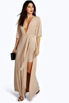 Boohoo Celyn Slinky Plunge Kimono Sleeve Maxi Dress Stone
