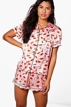 Boohoo Laura Satin Short And Shirt Set