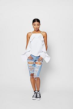 Boohoo Zendaya Pleated Ruffle Cold Shoulder Top