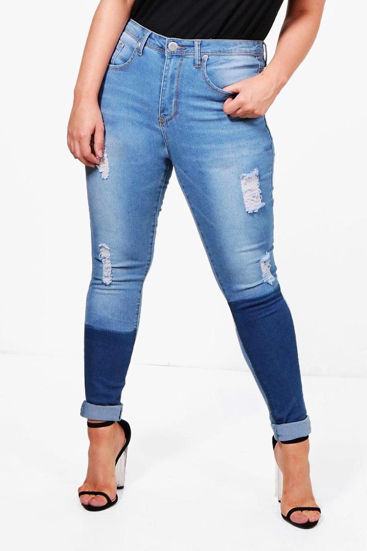 Boohoo Plus Jenny Patchwork Skinny Ripped Jean Blue