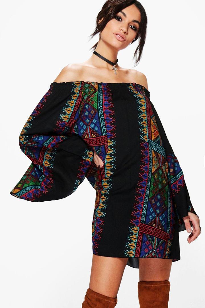 Boohoo Casey Panel Print Off Shoulder Shift Dress Multi