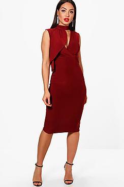 Boohoo Rhyla High Neck Drape Detail Bodycon Dress