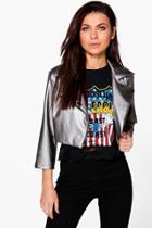 Boohoo Rebecca Cropped Pu Biker Jacket Silver