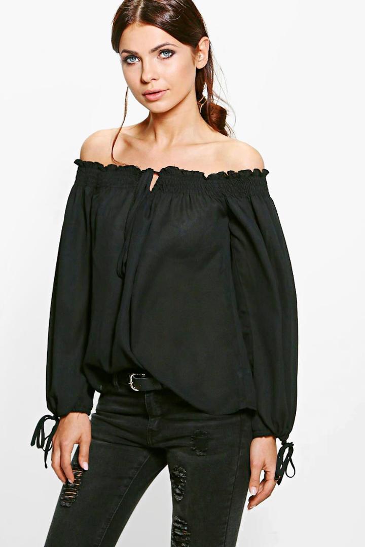 Boohoo Zoe Tie Neck Bardot Top Black