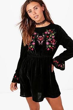 Boohoo Petite Elle Embroidered Velvet Skater Dress