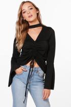 Boohoo Lucy Ruched Front Top With Flared Sleeve Black