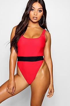 Boohoo Petite Contrast Waistband High Leg Swimsuit