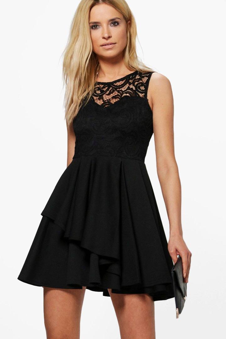 Boohoo Sophia Lace Top Layer Skirt Skater Dress Black