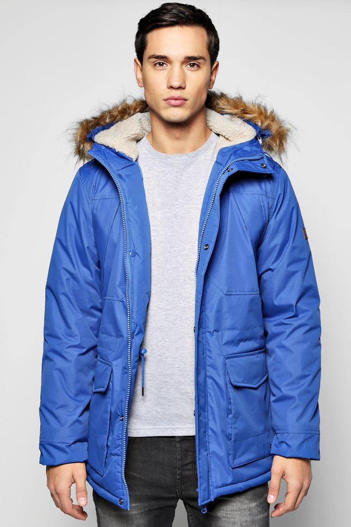 Boohoo Faux Fur Hooded Parka Jacket Royal