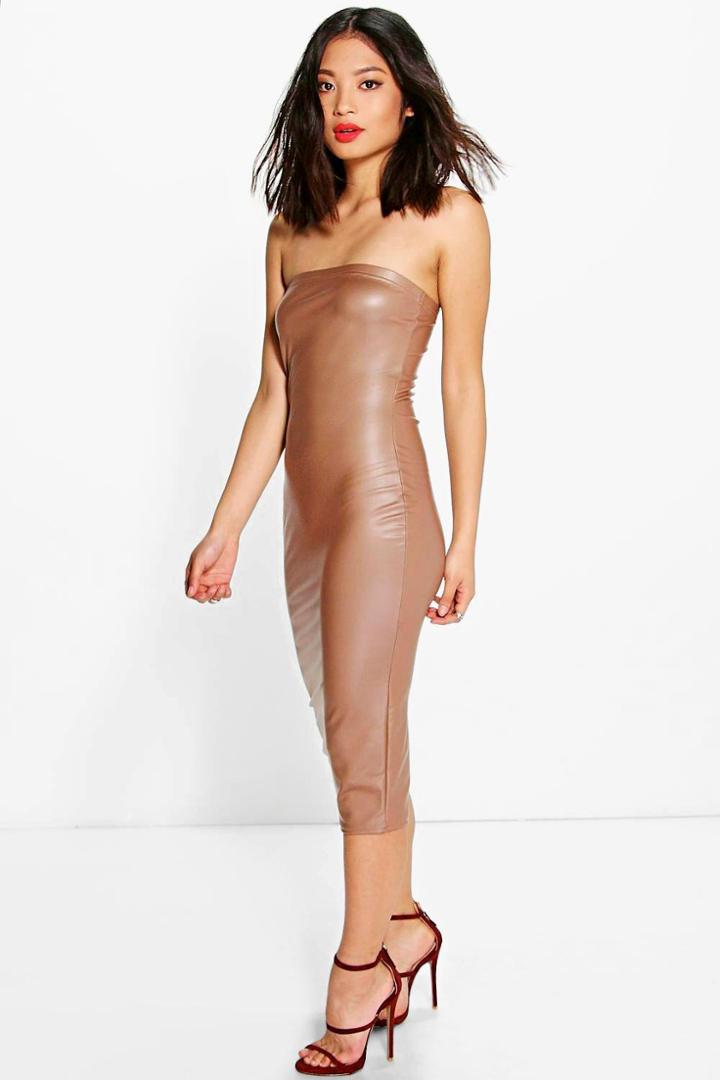 Boohoo Petite Farah Pu Bandeau Midi Dress Camel
