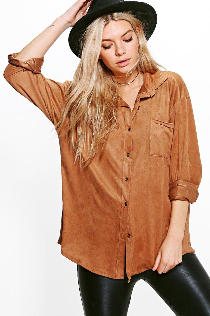 Boohoo Tammy Oversized Suedette Shirt Tan