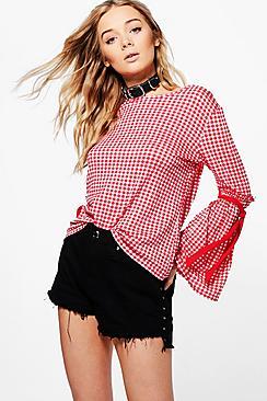 Boohoo Kitty Gingham Tie Sleeve Top