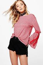 Boohoo Kitty Gingham Tie Sleeve Top