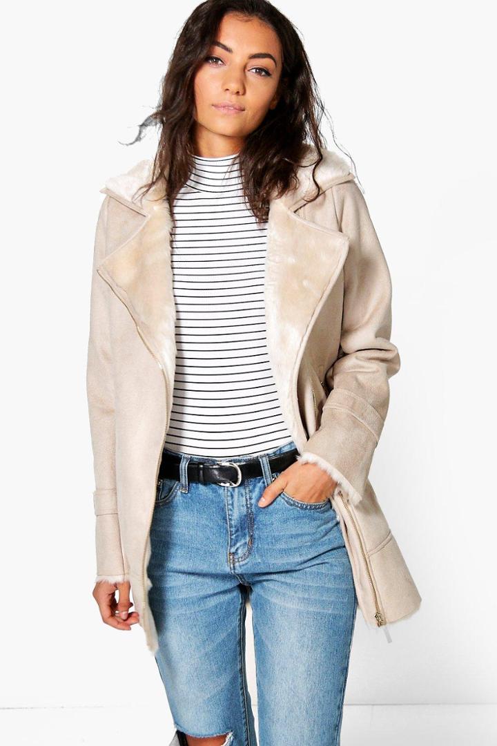 Boohoo Tall Boutique Ella Faux Fur Suedette Aviator Nude