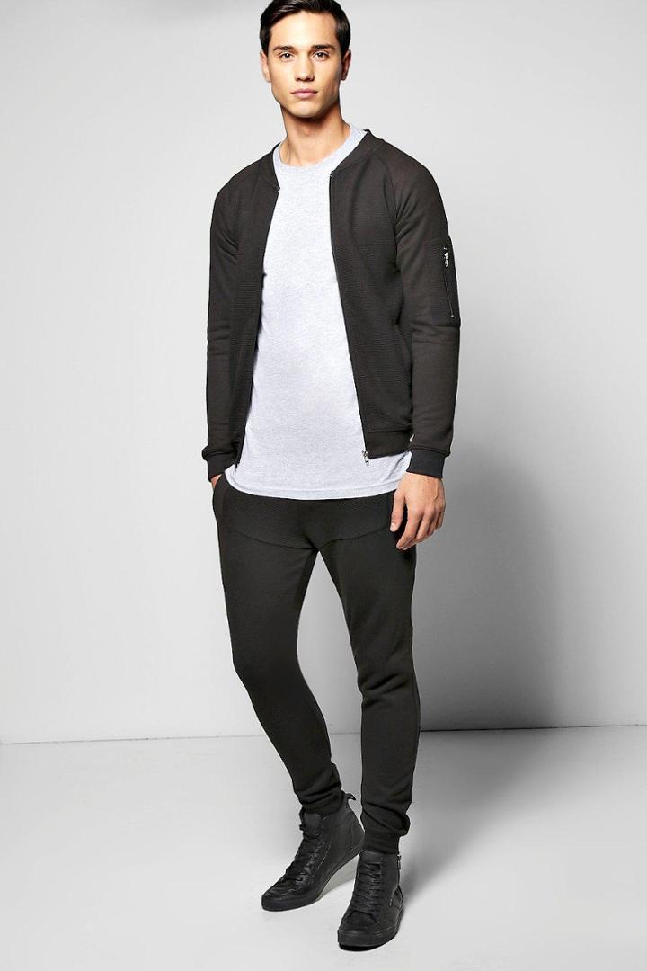 Boohoo Skinny Fit Ribbed Bomber Tracksuit Black