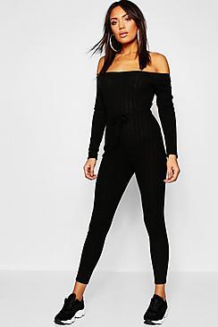 Boohoo Rib Knit Bardot Lounge Jumpsuit