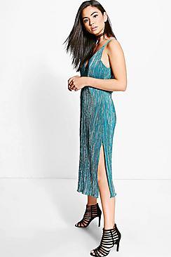 Boohoo Yasmin Metallic Pleated Midi Shift Dress