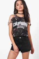 Boohoo Petite Jessica Bleached Cold Shoulder Band Tee Black