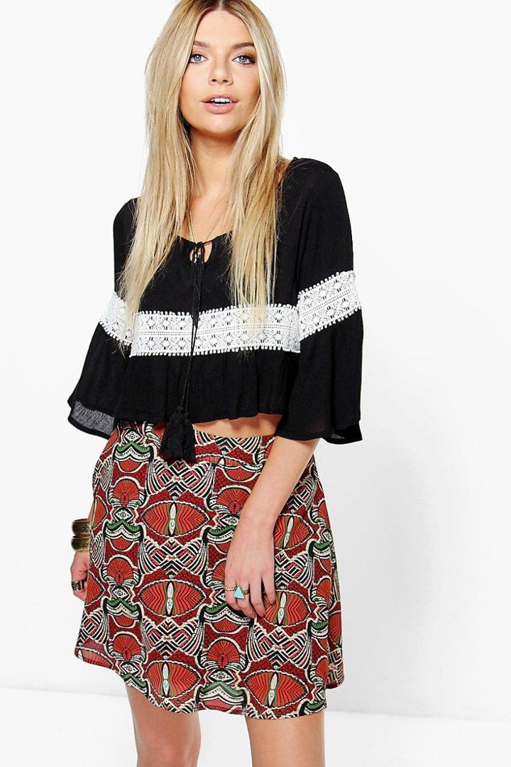 Boohoo Amai Bohemian Print Woven Skater Skirt Rust
