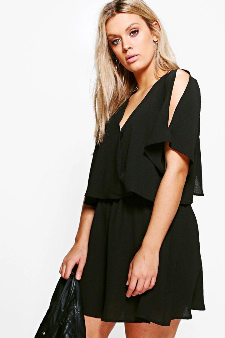 Boohoo Plus Izzy Ruffle Open Shoulder Dress Black