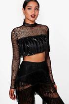 Boohoo Chelsey Sequin Mesh And Tassel Crop Top