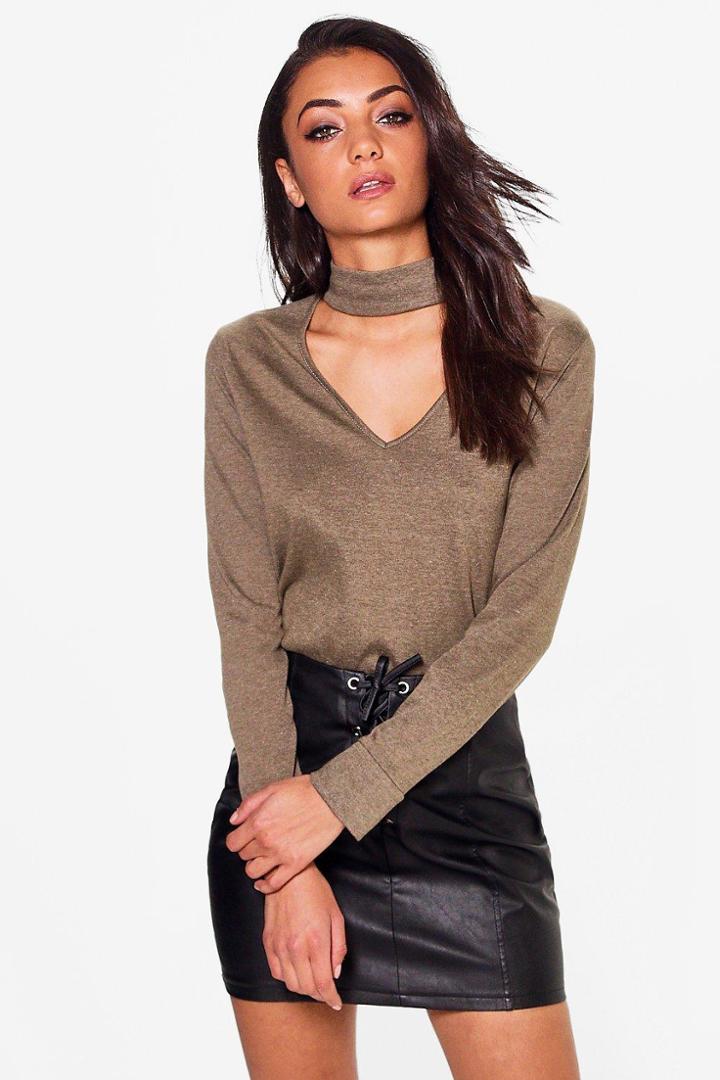 Boohoo Tall Grace Choker Neck Jumper Khaki