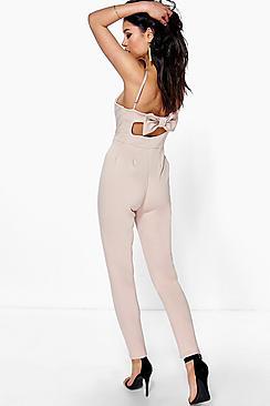 Boohoo Juliet Bow Back Strappy Skinny Leg Jumpsuit