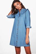 Boohoo Tall Esme Ruffle Front Denim Shirt Dress