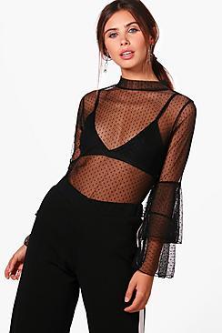 Boohoo Petite Spot Mesh Ruffle Sleeve Blouse