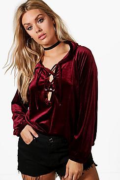 Boohoo Plus Bianca Velvet Lace Up Hooded Top