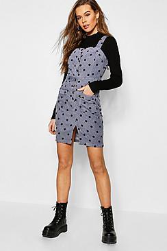 Boohoo Polka Dot Corduroy Dungaree Dress