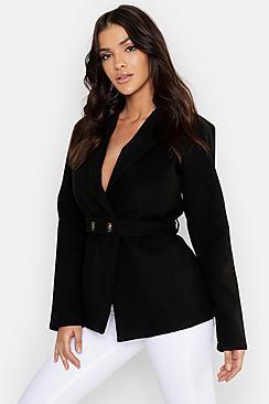Boohoo Button Belt Detail Wool Look Coat
