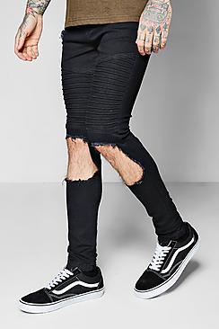 Boohoo Super Skinny Black Biker Jeans With Ripped Knee