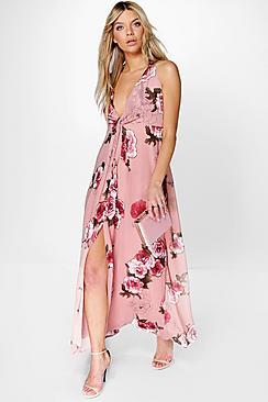 Boohoo Amabel Floral Chiffon Knot Front Maxi Dress