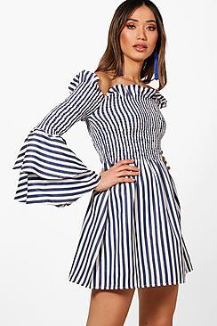 Boohoo Deanna Off The Shoulder Ruffle Skater Dress