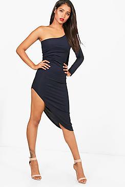 Boohoo Rib Bow One Shoulder Ruched Midi Dress