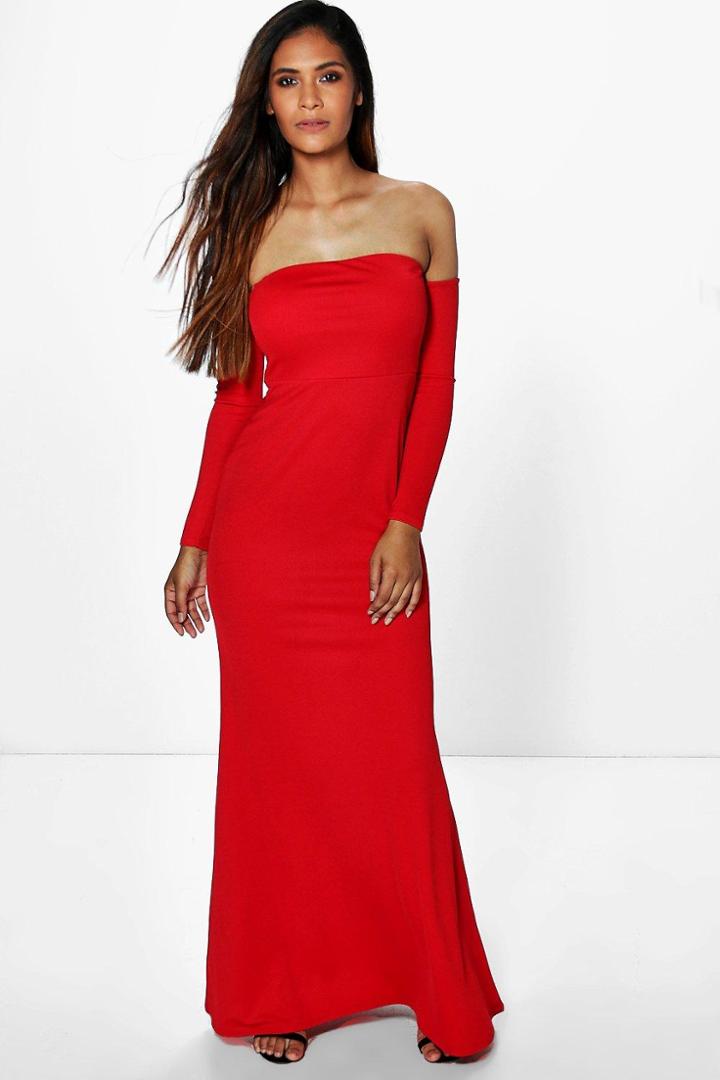 Boohoo Fleur Crepe Off Shoulder Fish Tail Maxi Dress Red