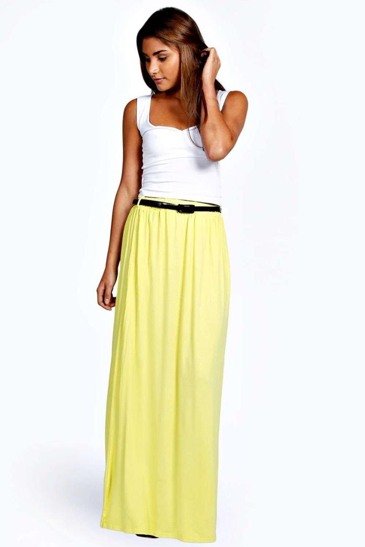 Boohoo Vivian Viscose Jersey Belted Maxi Skirt Lime