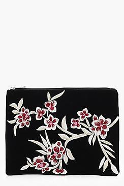 Boohoo Lily Oriental Embroidered Velvet Clutch Bag