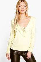 Boohoo Mandy Tie Front Frill Long Sleeve Top