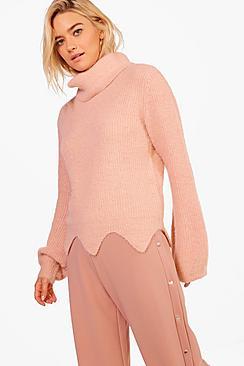 Boohoo Lottie Scallop Hem Roll Neck Soft Knit Jumper