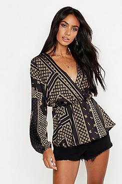 Boohoo Woven Scarf Print Wrap Blouse