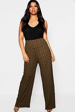 Boohoo Plus Polka Dot Soft Rib Wide Leg Trouser