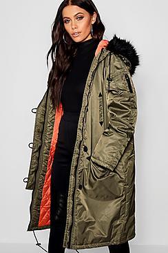 Boohoo Contrast Lining Faux Fur Trim Longline Parka
