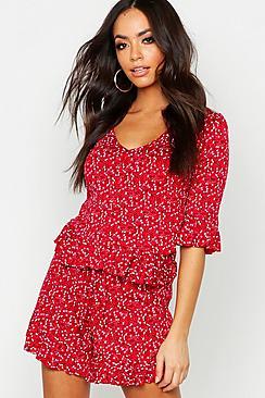 Boohoo Ditsy Floral Button Down Top & Flippy Short Co-ord