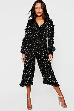 Boohoo Polka Dot Ruffle Wrap Jumpsuit