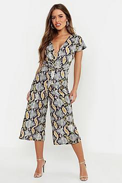 Boohoo Petite Multi Colour Snake Print Wrap Jumpsuit