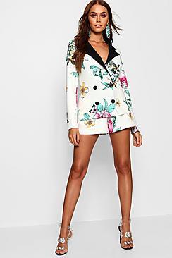 Boohoo Floral Crape Contrast Lapel Blazer