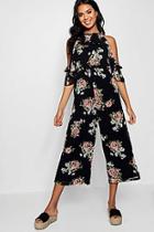 Boohoo Floral Micro Ruffle Cold Shoulder Jumpsuit