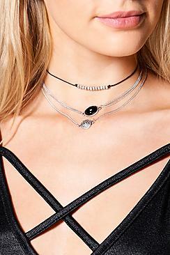 Boohoo Skinny Chain And Cord Layered Choker Set